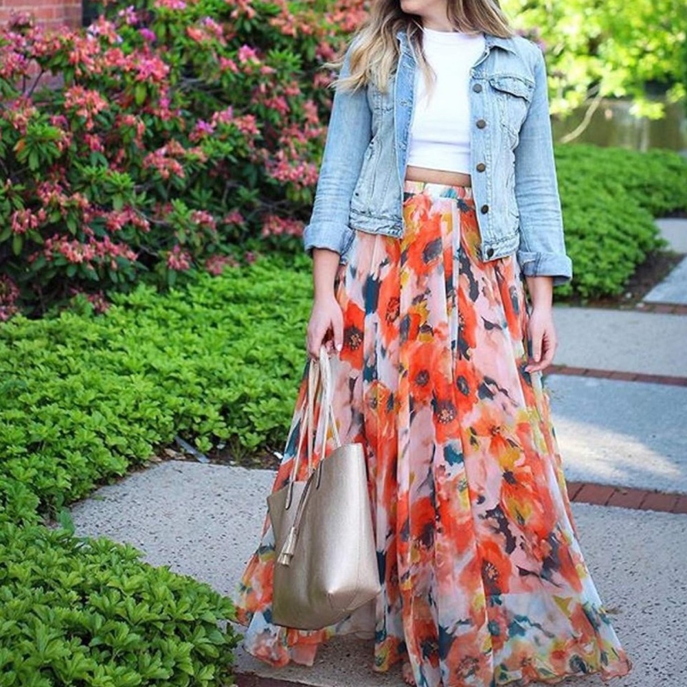 CHICWISH Women's Floral Watercolor Flower Maxi Floral Chiffon Slip Skirt